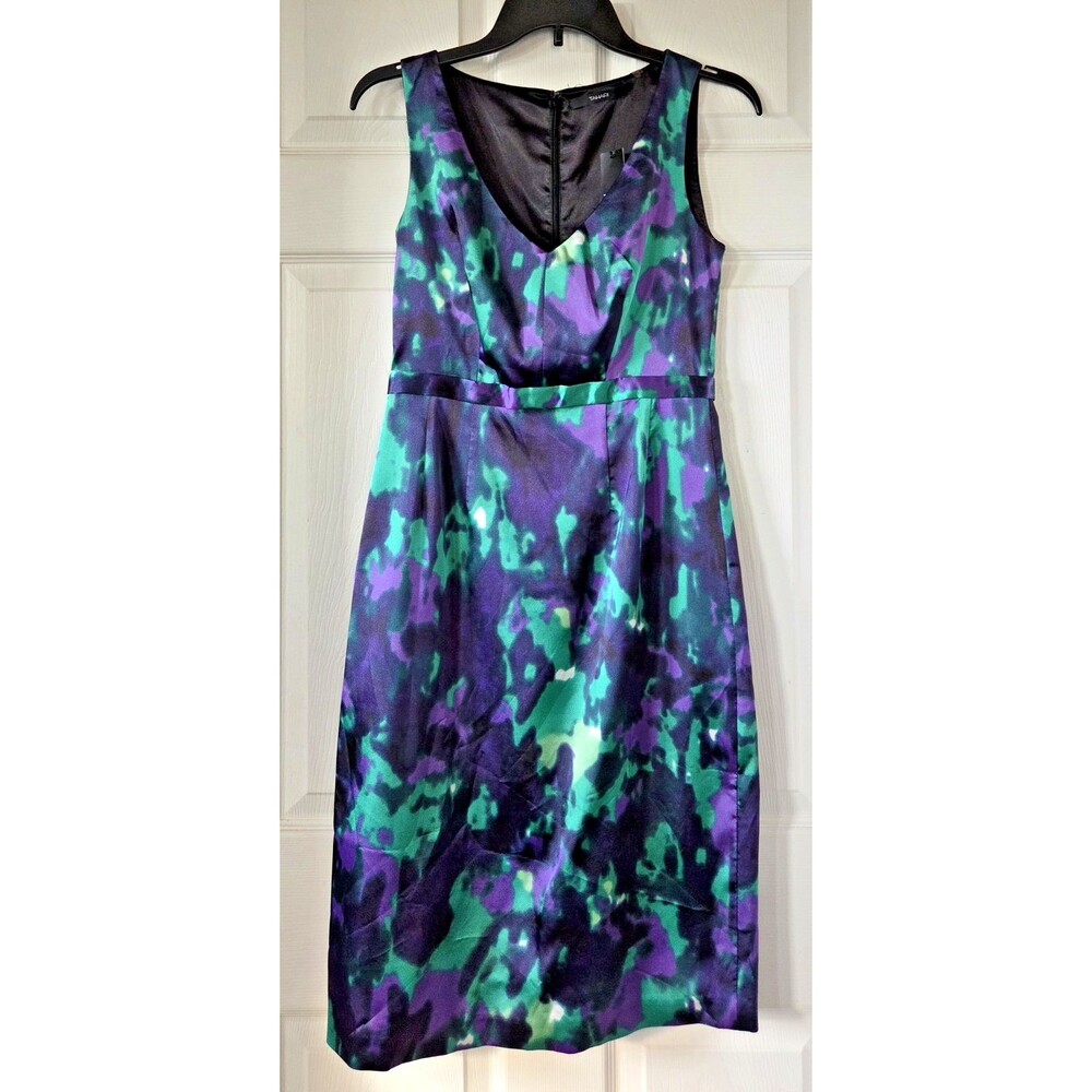 TAHARI Multicolor Jewel Tone Satin Sleeveless V-Neck Cocktail Dress Size 4 NWT